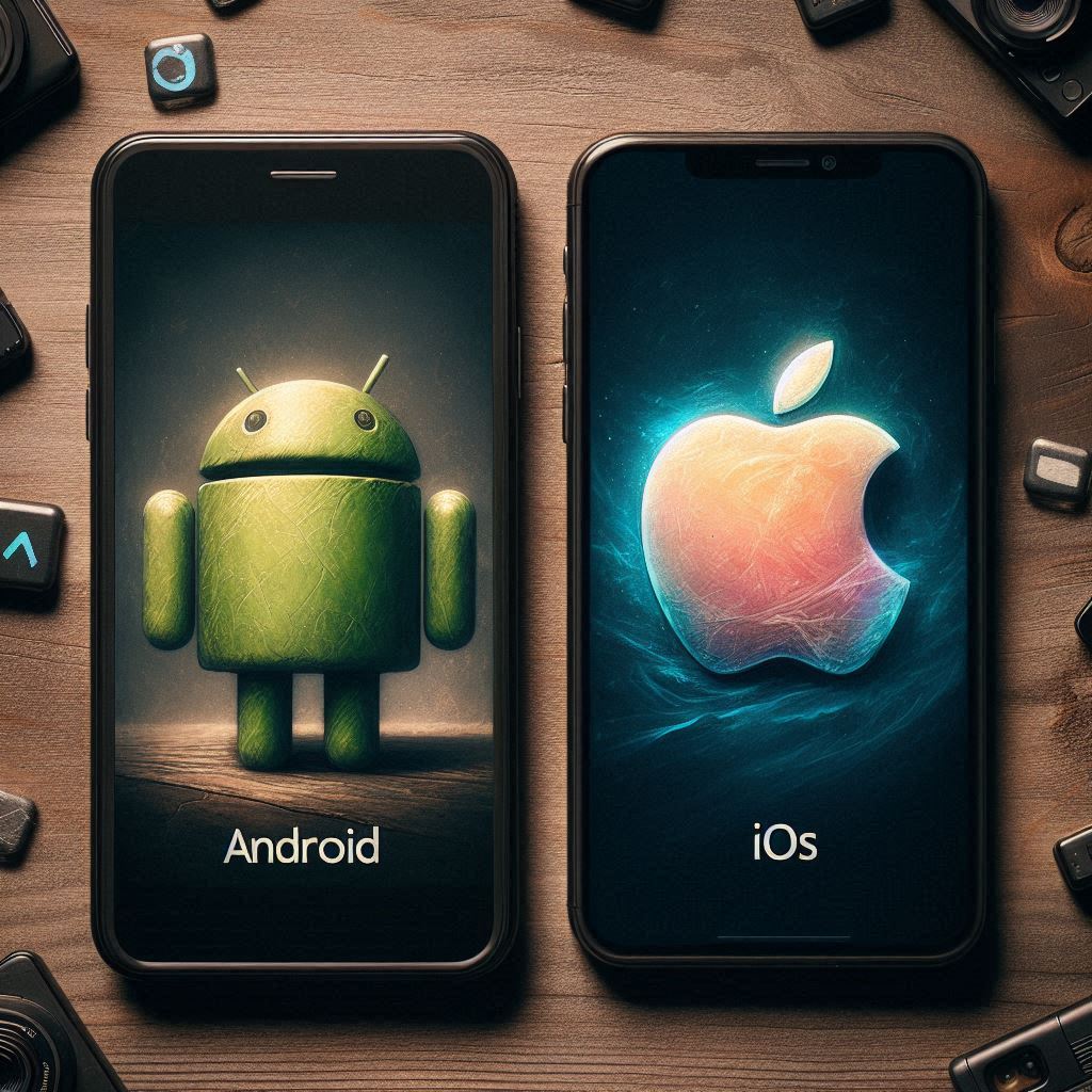 Phones with android and ios on screen